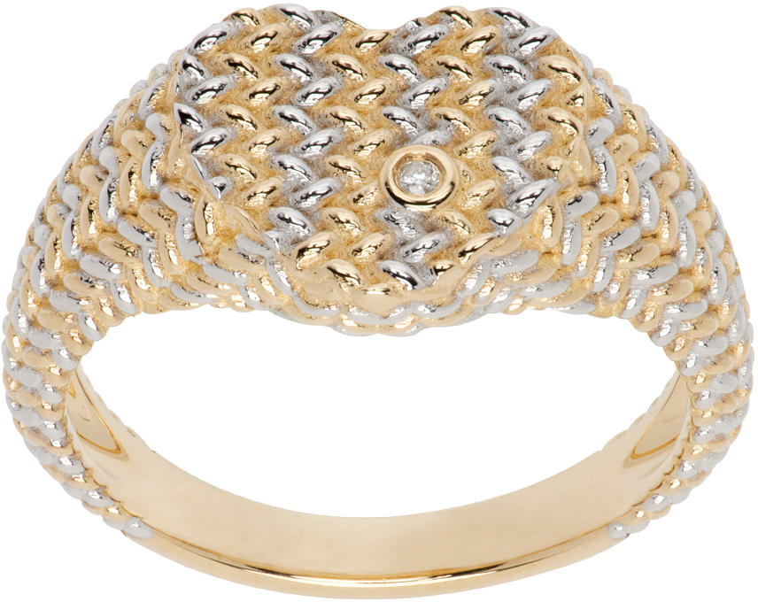 Shop Yvonne Léon Gold & White Gold Baby Chevalière Cœur Natte Ring In 9k White & Y Gold