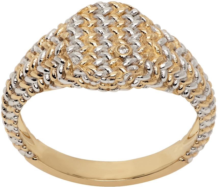 Shop Yvonne Léon Gold & White Gold Baby Chevalière Ovale Natte Ring In 9k White & Y Gold