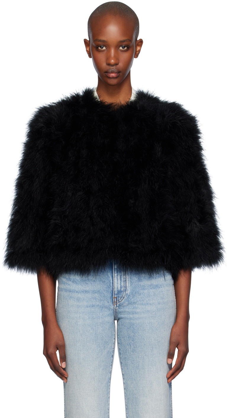 YVES SALOMON BLACK CROPPED FEATHER JACKET 