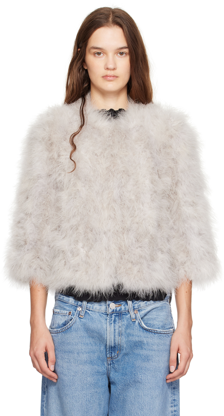 YVES SALOMON GRAY CROPPED FEATHER JACKET 