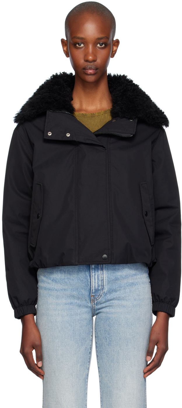 YVES SALOMON BLACK LAMBSWOOL SHORT PARKA DOWN JACKET 