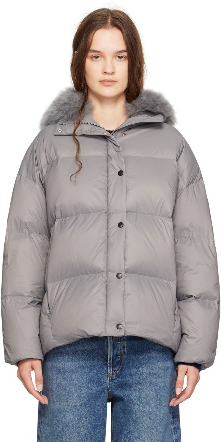 Shop Yves Salomon Gray Hooded Down Jacket In A9055 Charcoal