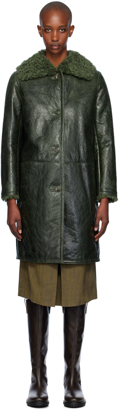 Green Patent Merino Straight Shearling Coat