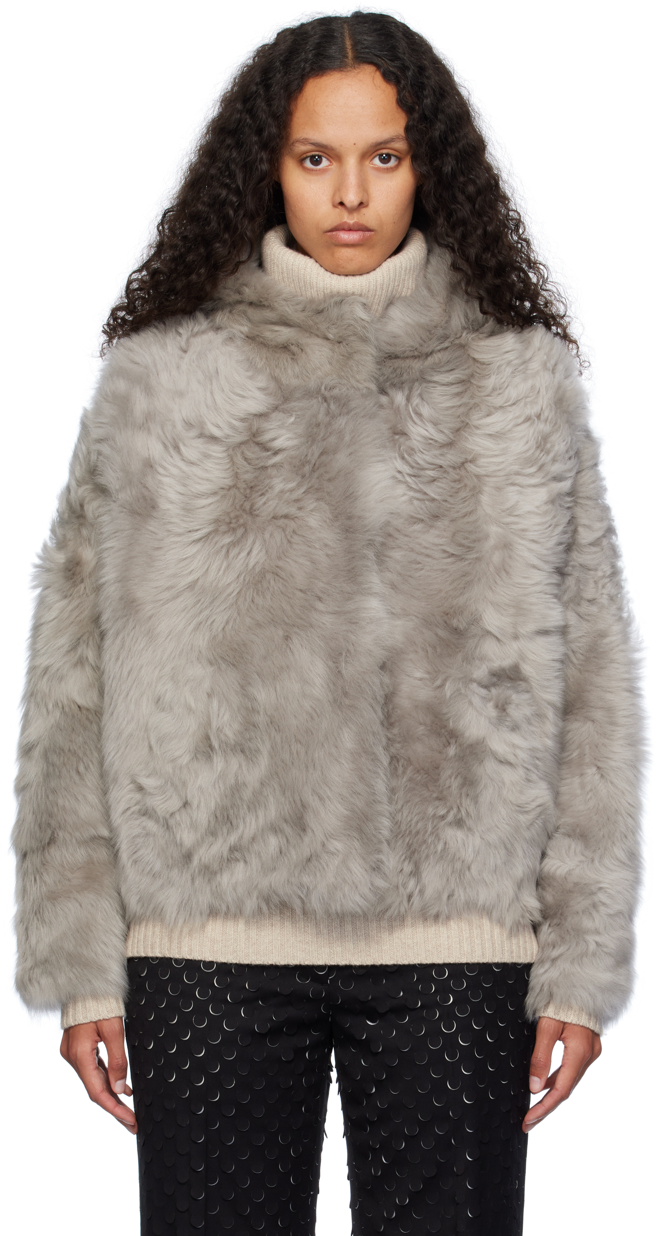 Yves Salomon Gray Hooded Shearling Jacket In A9111 Sirocco