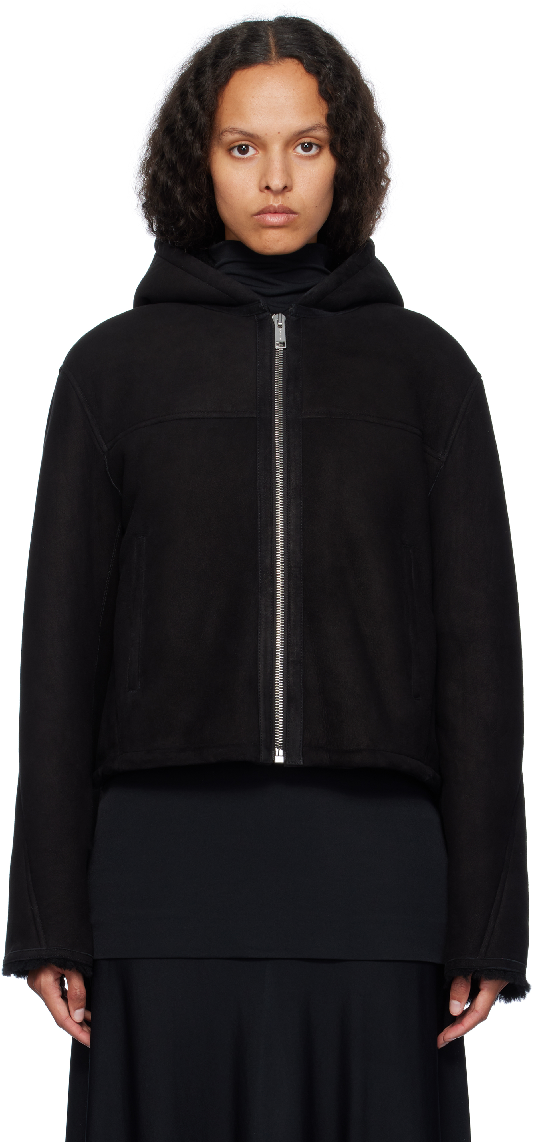 Yves Salomon Black Suede Merino Hooded Shearling Jacket In C99 Noir