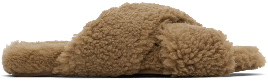 Shop Yves Salomon Tan Curly Merino Slippers In A2156 Madeleine