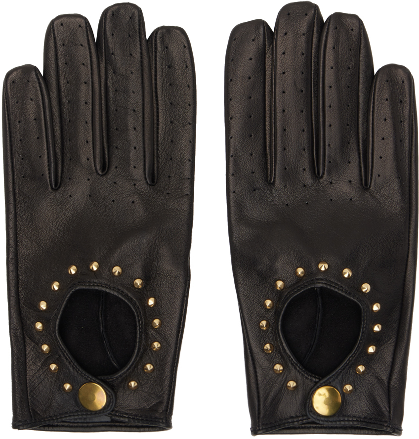 Shop Ernest W Baker Black Studded Driving Gloves In Black W/ Gold Studs