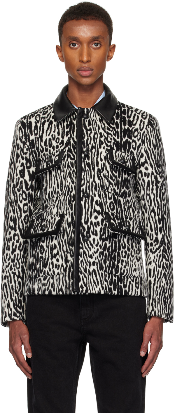 Black & White Cheetah Leather Trim Cropped Jacket