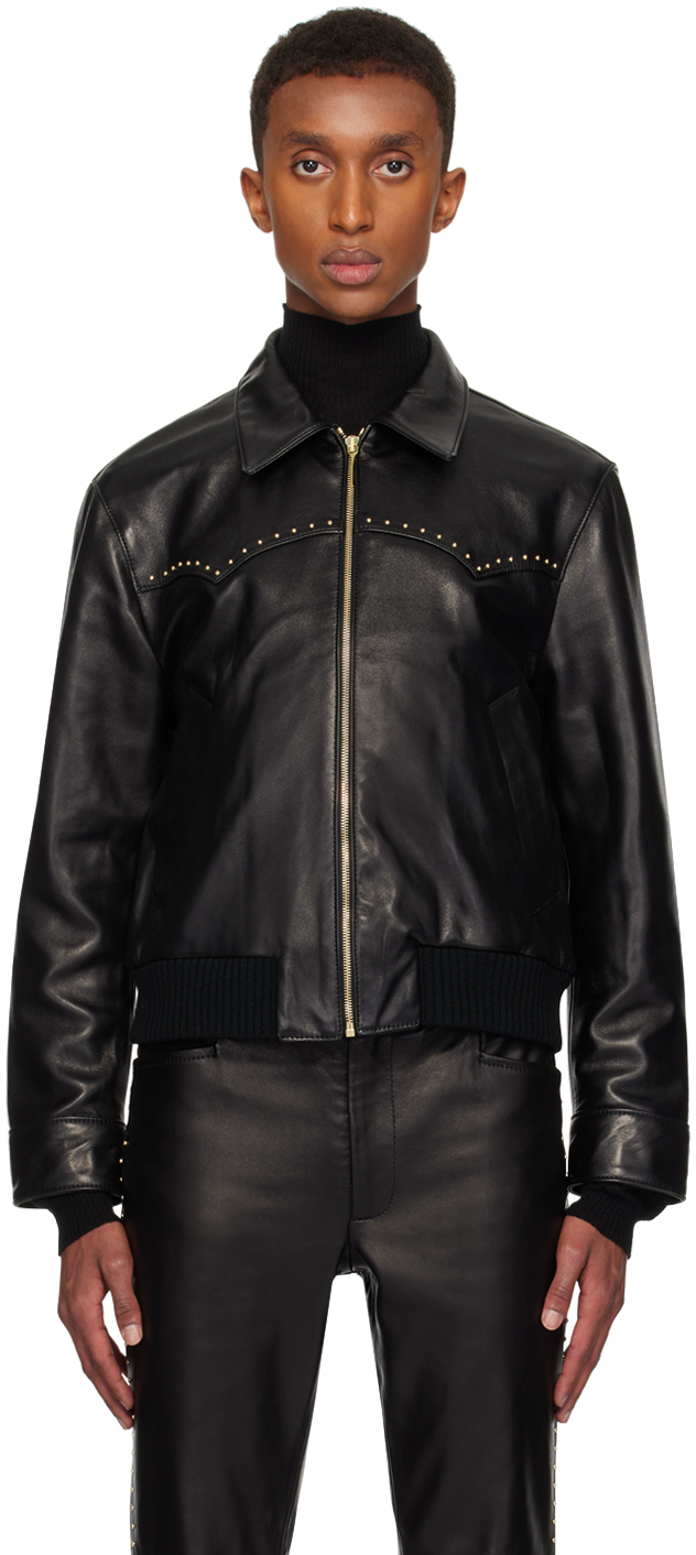 Black Studded Western Harrington Leather Jacket