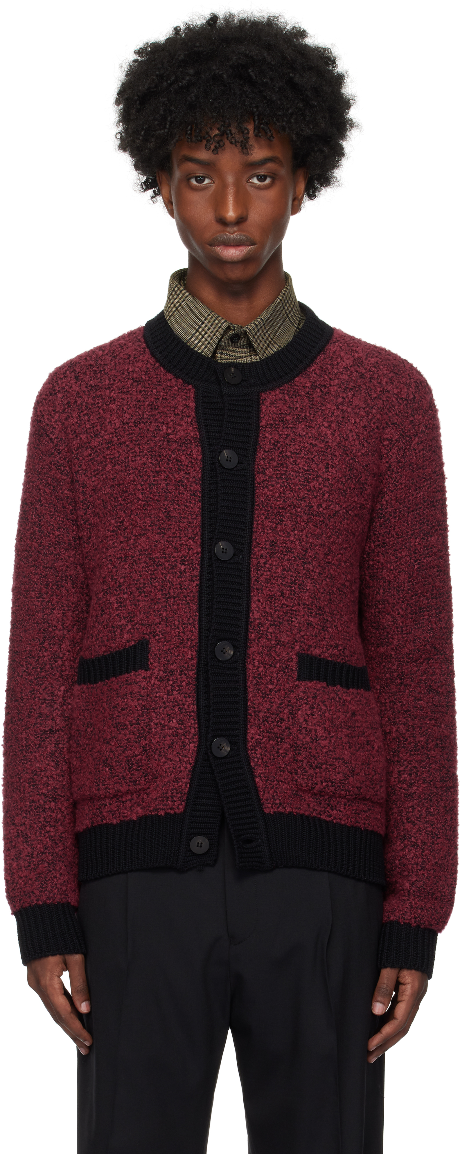 Shop Ernest W Baker Black & Red Bouclé Cardigan In Black&bordeaux