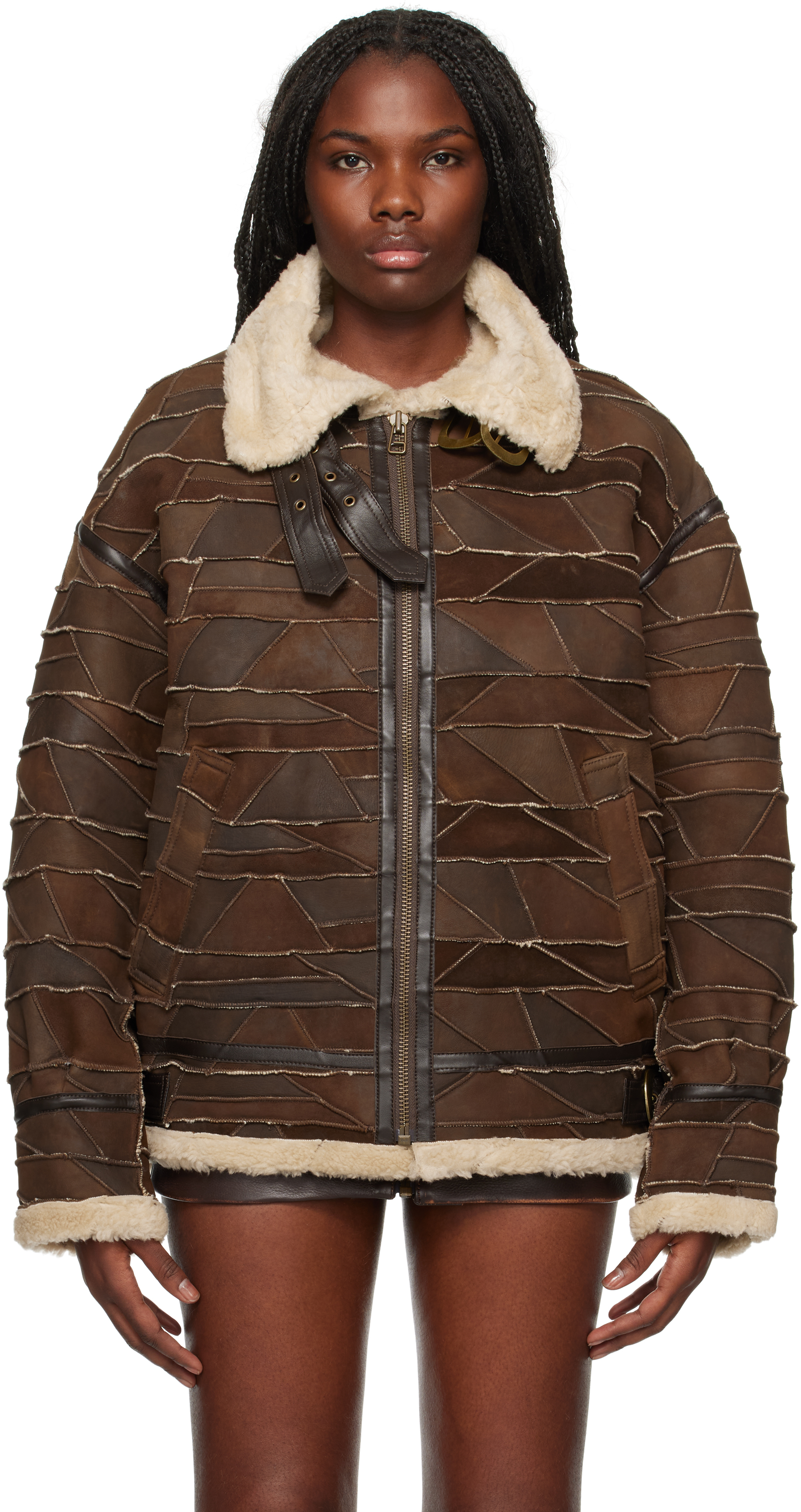 Shop Guess Usa Brown Patchwork Faux-shearling Jacket In F1fv Gusa Patchwork