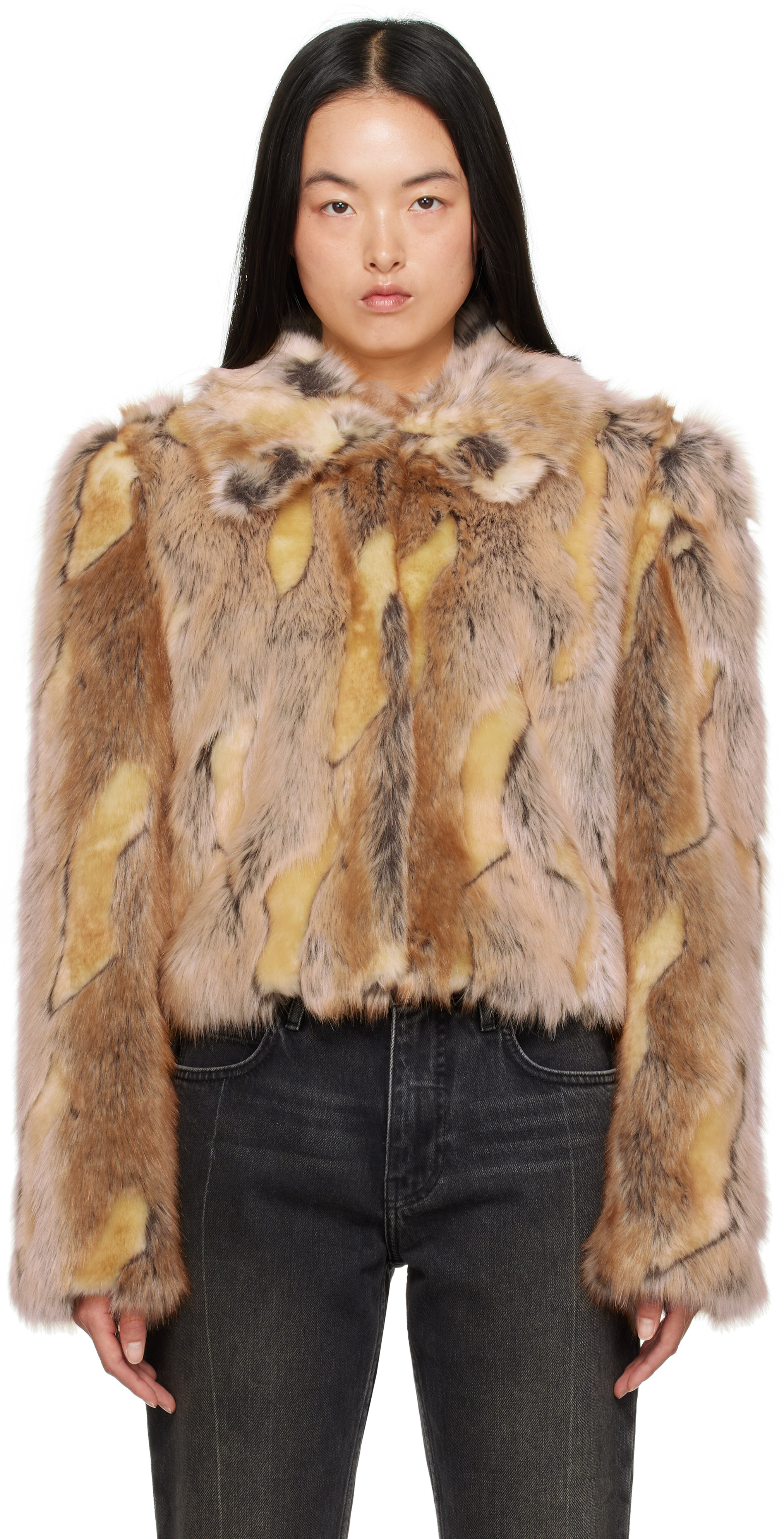 Shop Guess Usa Brown Paneled Faux-fur Jacket In F1vw Fur Vest Tan