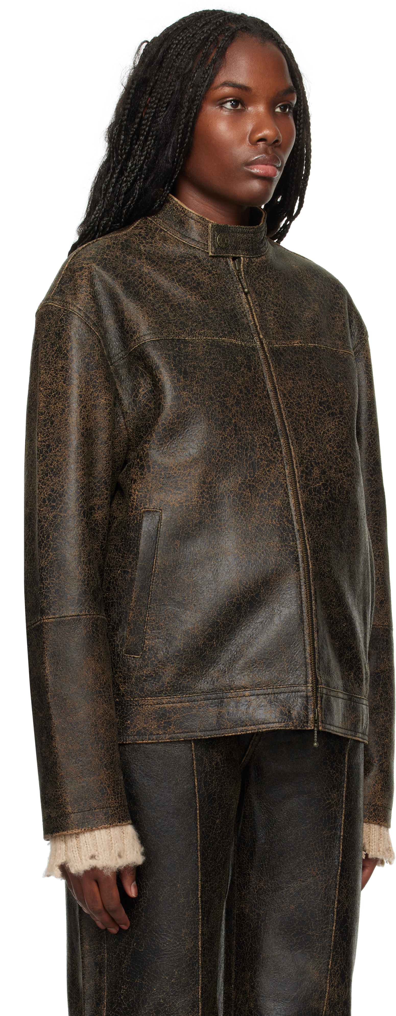 Guess Usa Brown Crackled Moto Leather Jacket In A11a Amos Brown Mult