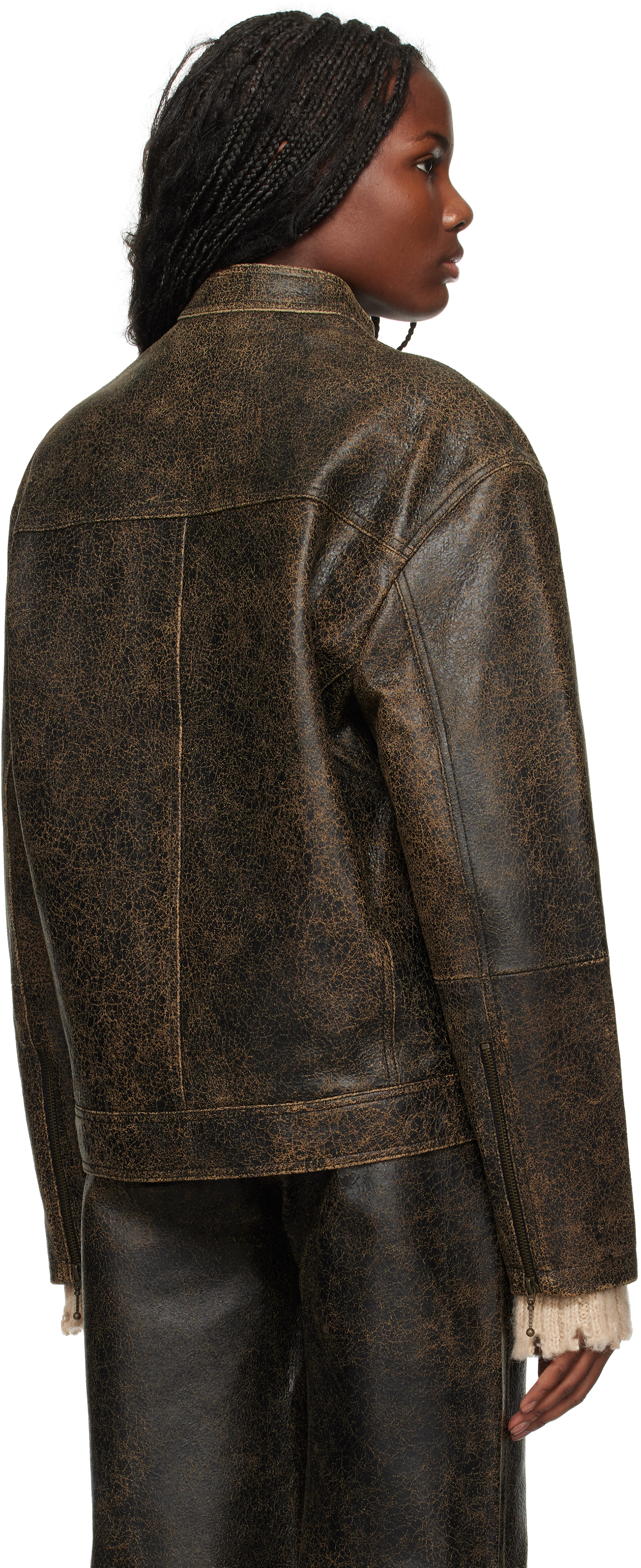 Guess Usa Brown Crackled Moto Leather Jacket In A11a Amos Brown Mult