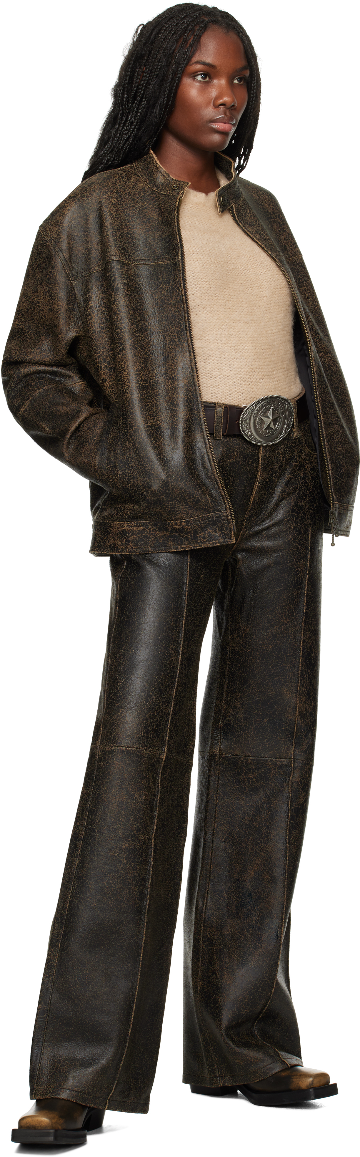 Guess Usa Brown Crackled Moto Leather Jacket In A11a Amos Brown Mult