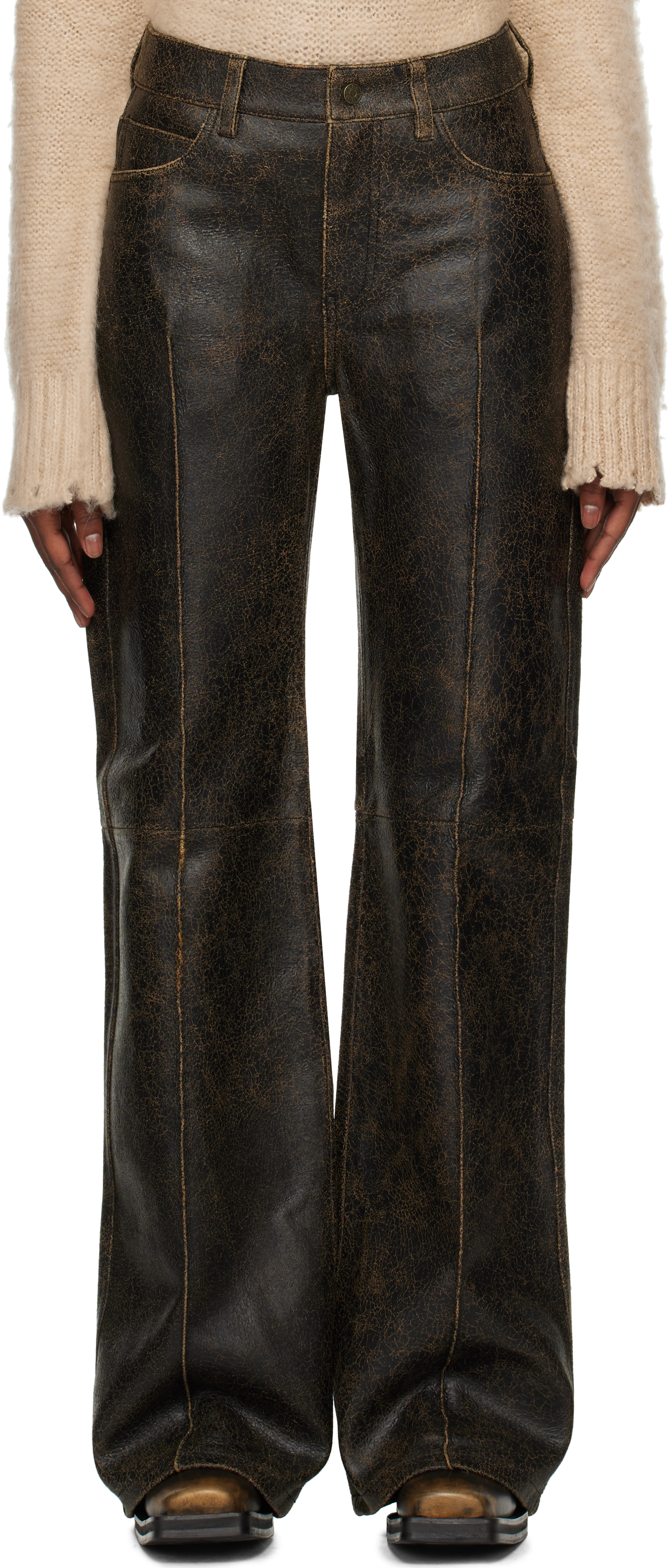 Brown Crackled Leather Pants