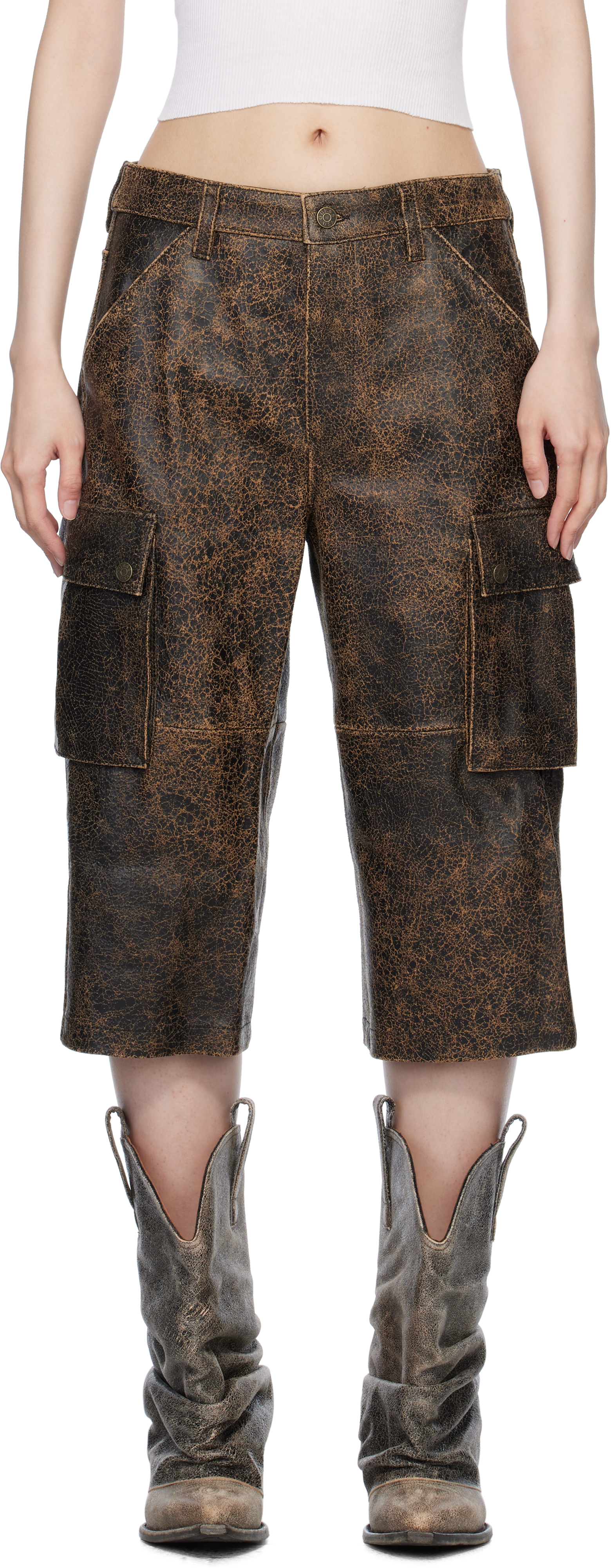 Brown Crackled Leather Cargo Shorts