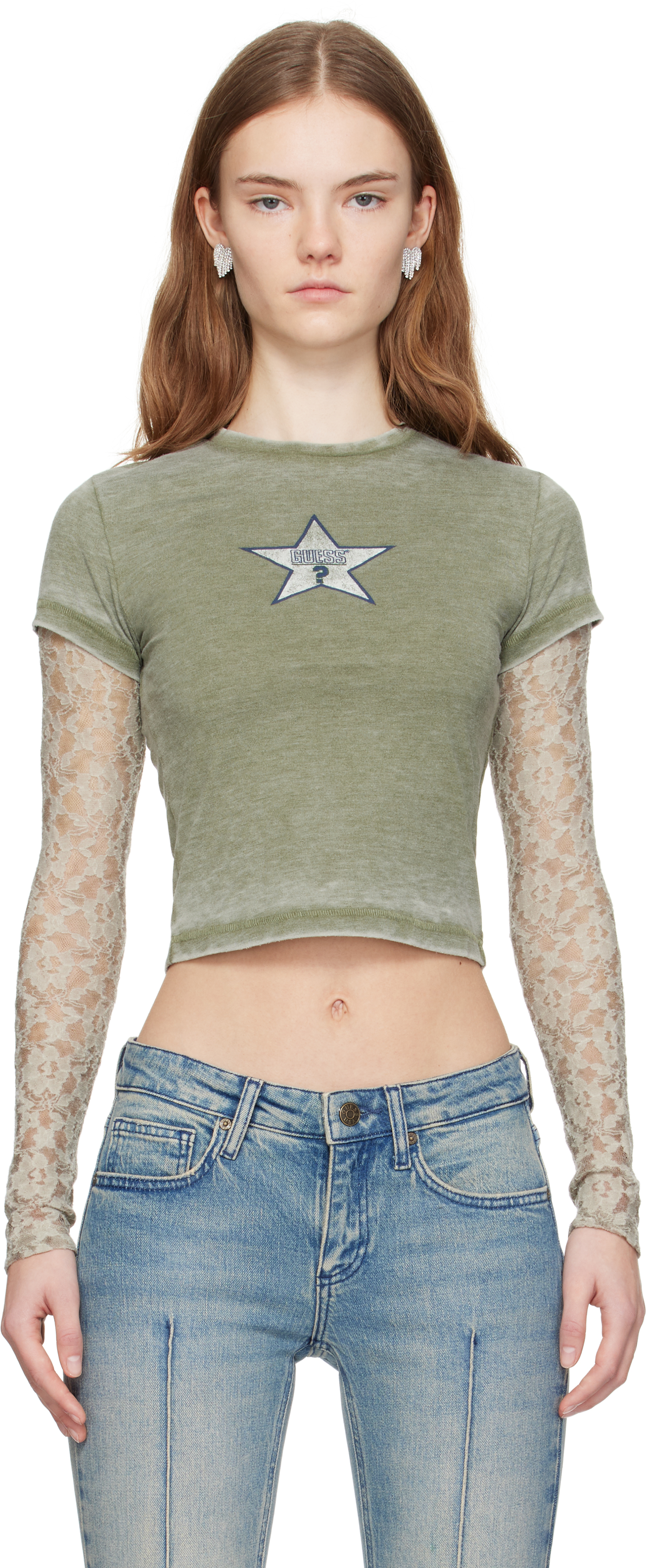 【GUESS USA】24fw VINTAGE LAYERED LACE TEE Green Vintage Layered Lace T-shirt by GUESS USA on Sale