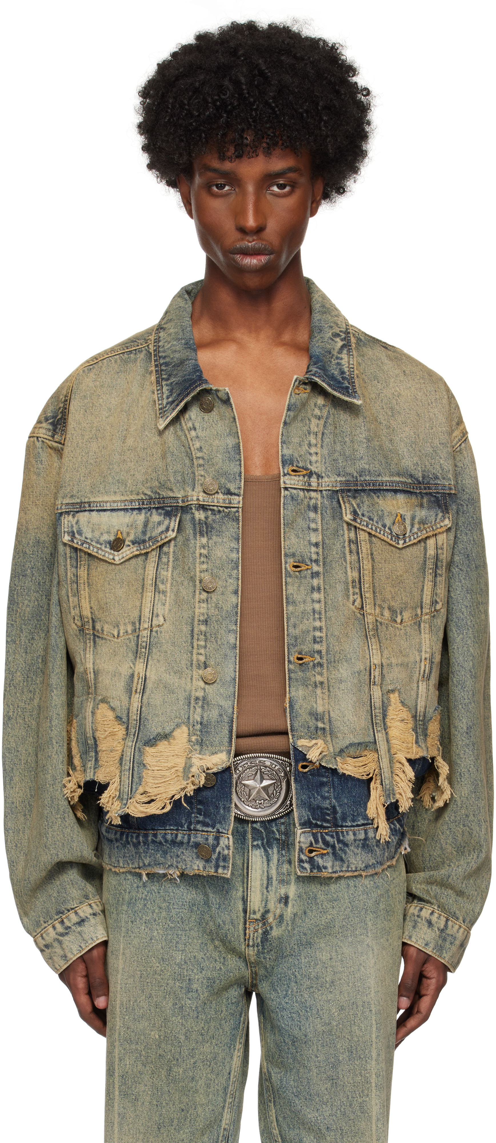 Shop Guess Usa Blue Distressed Denim Jacket In Gusa Heavy Stained M