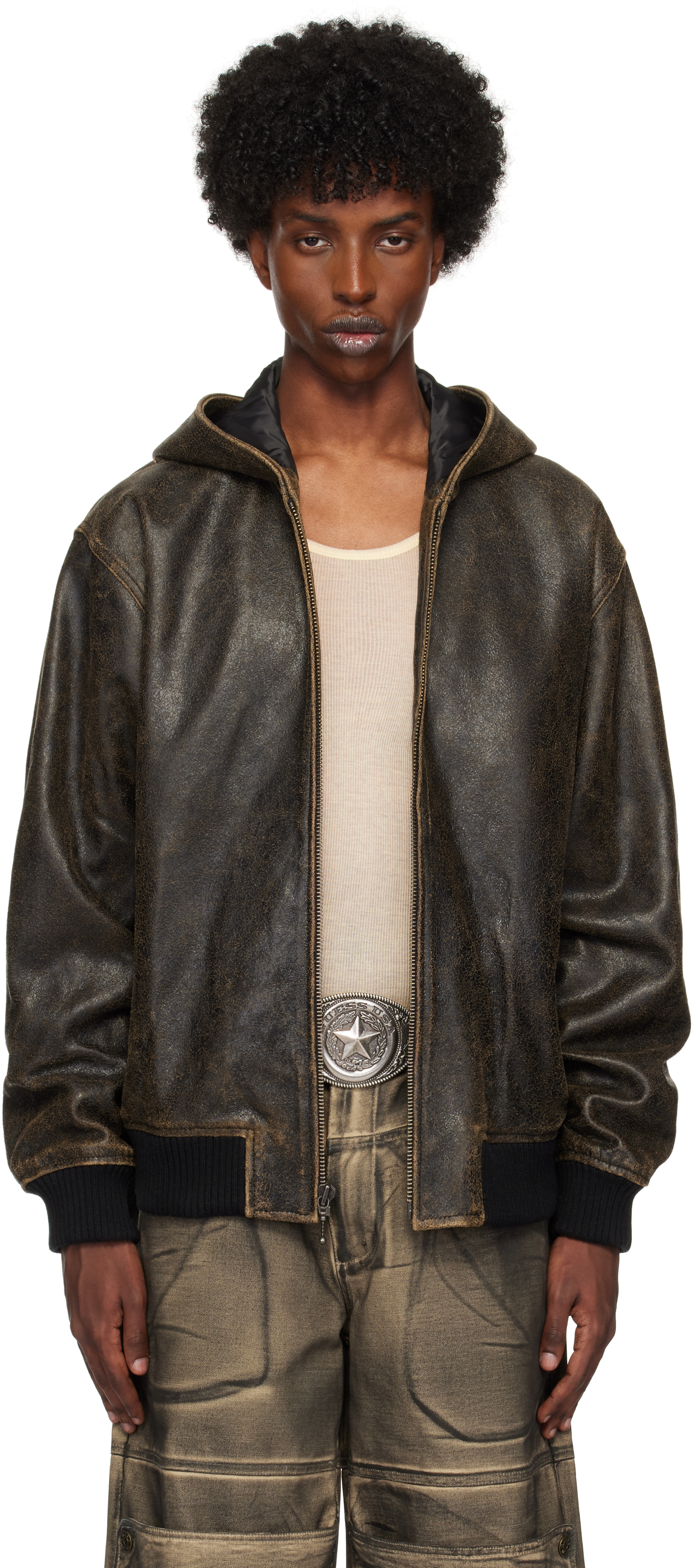 Brown Crackle Leather Hoodie