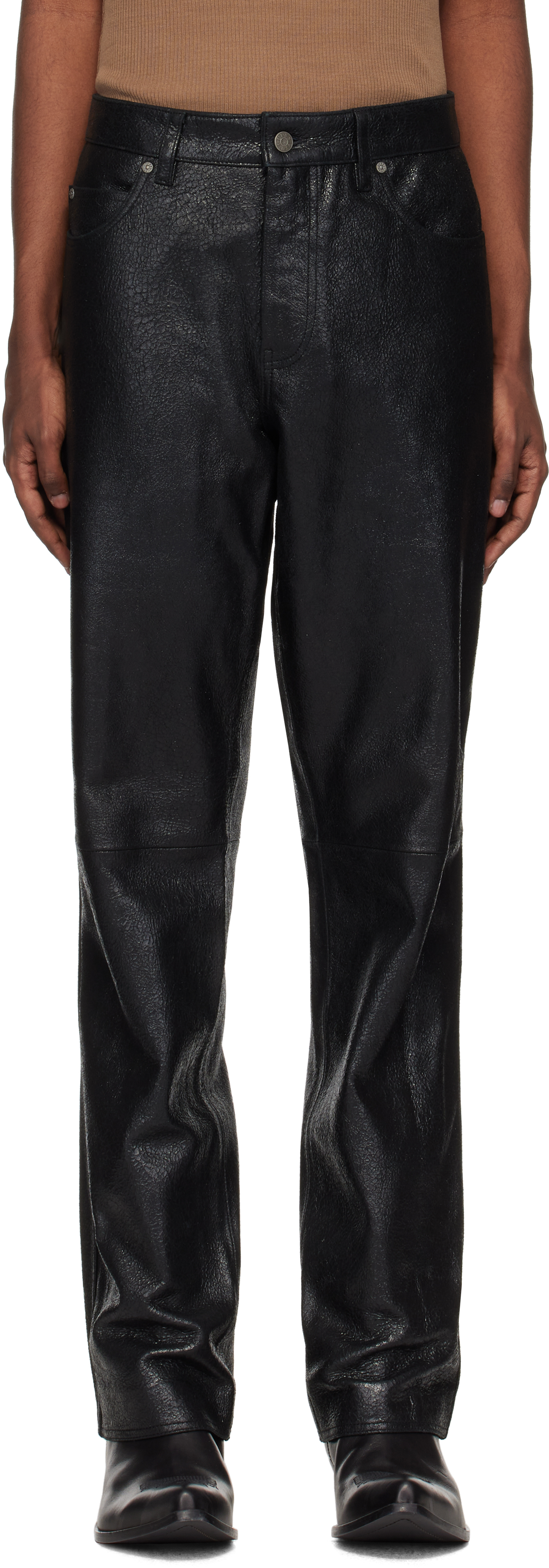 Shop Guess Usa Black Crackle Leather Pants In Jet Black Multi