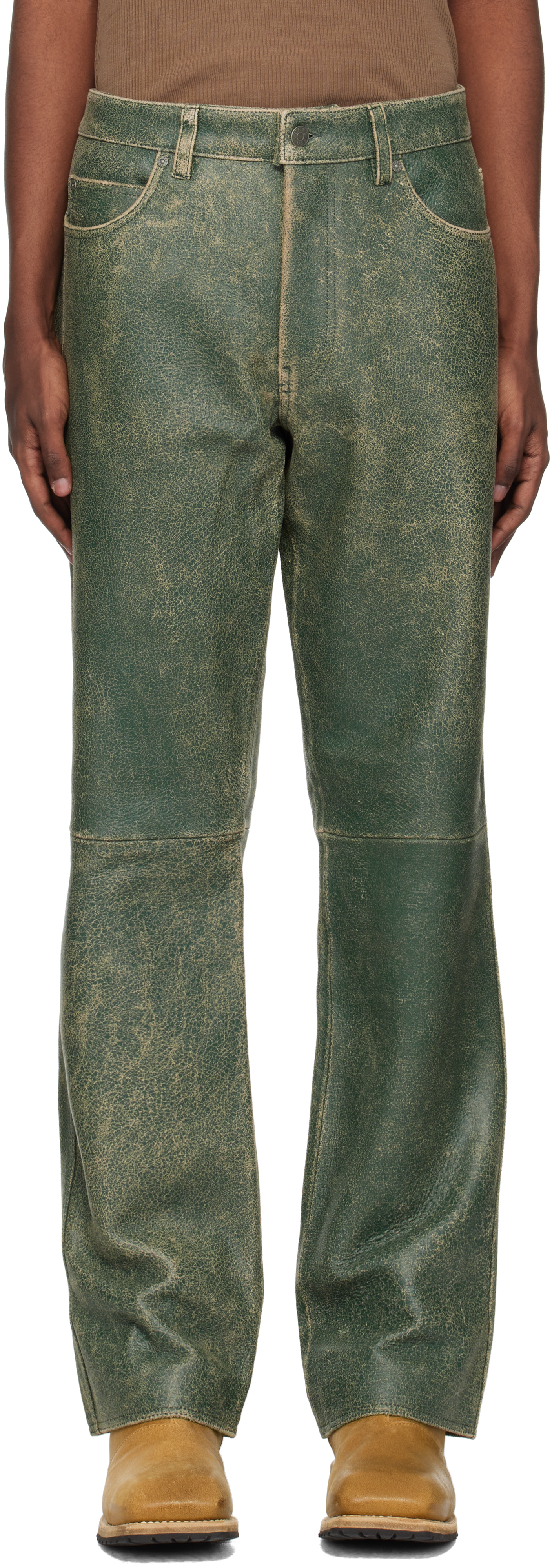 Green Crackle Leather Pants