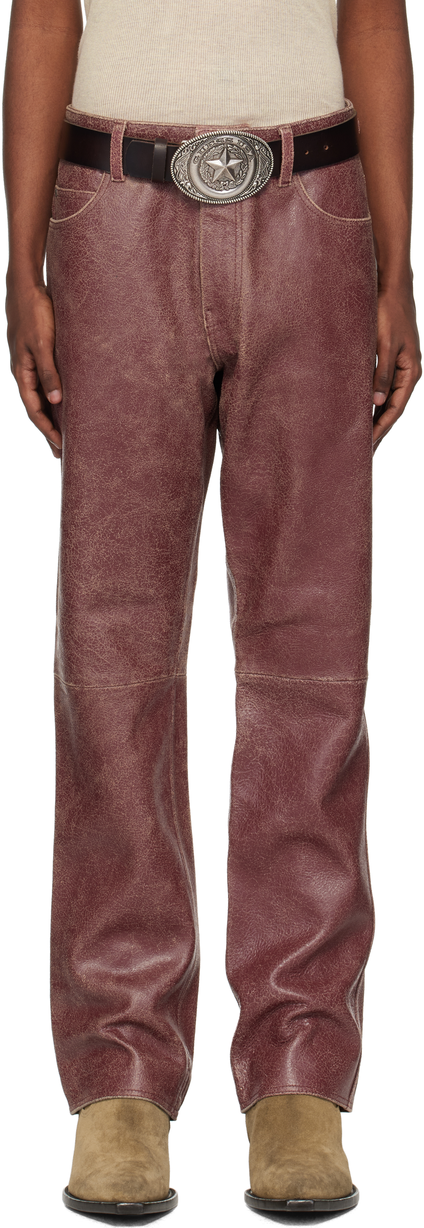 Shop Guess Usa Burgundy Crackle Leather Pants In Petite Syrah Multi