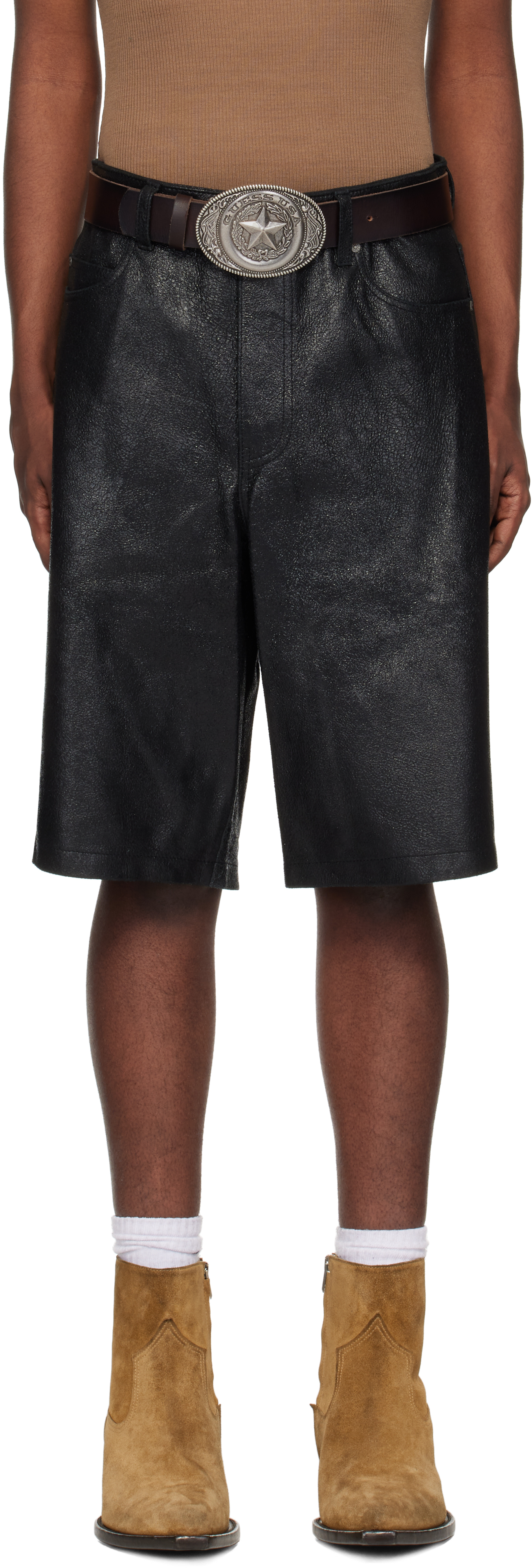 Black Crackle Leather Shorts