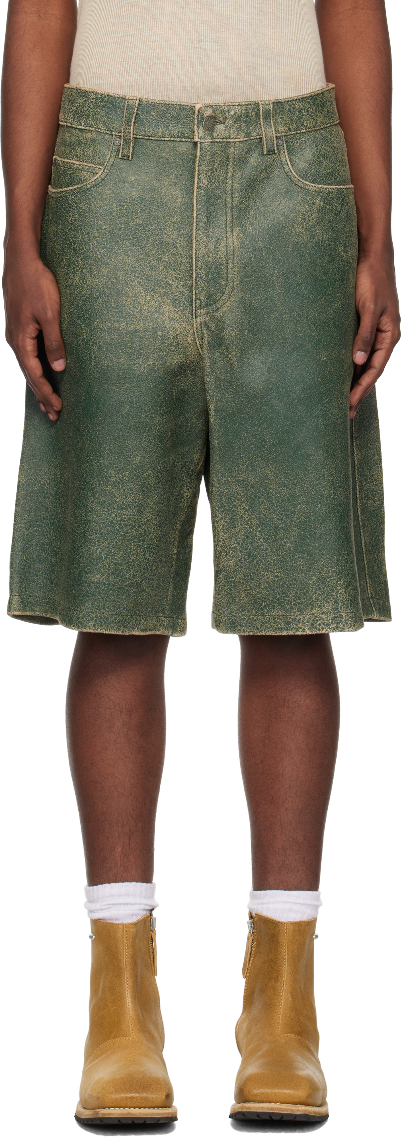 Shop Guess Usa Green Crackle Leather Shorts In Castle Green Multi