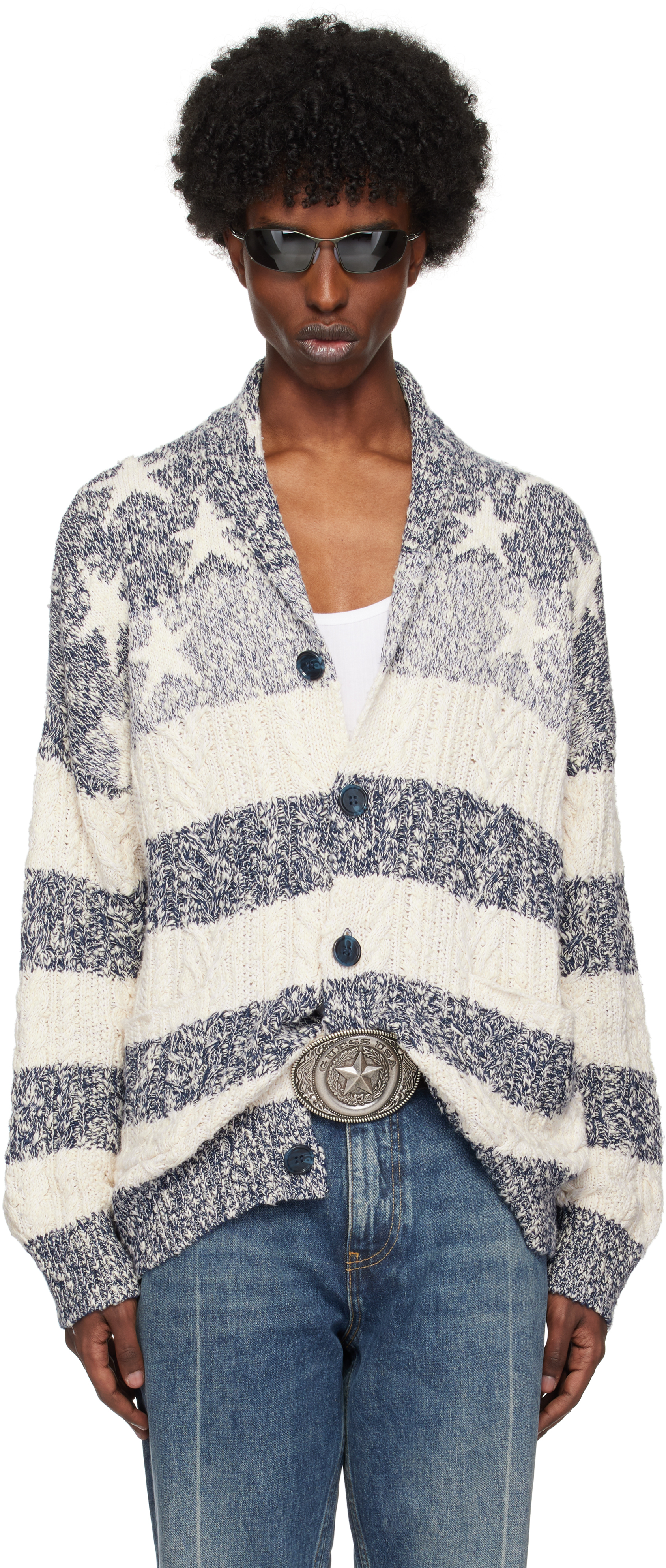 Shop Guess Usa Blue & White American Cable Knit Cardigan In Gusa American Flag