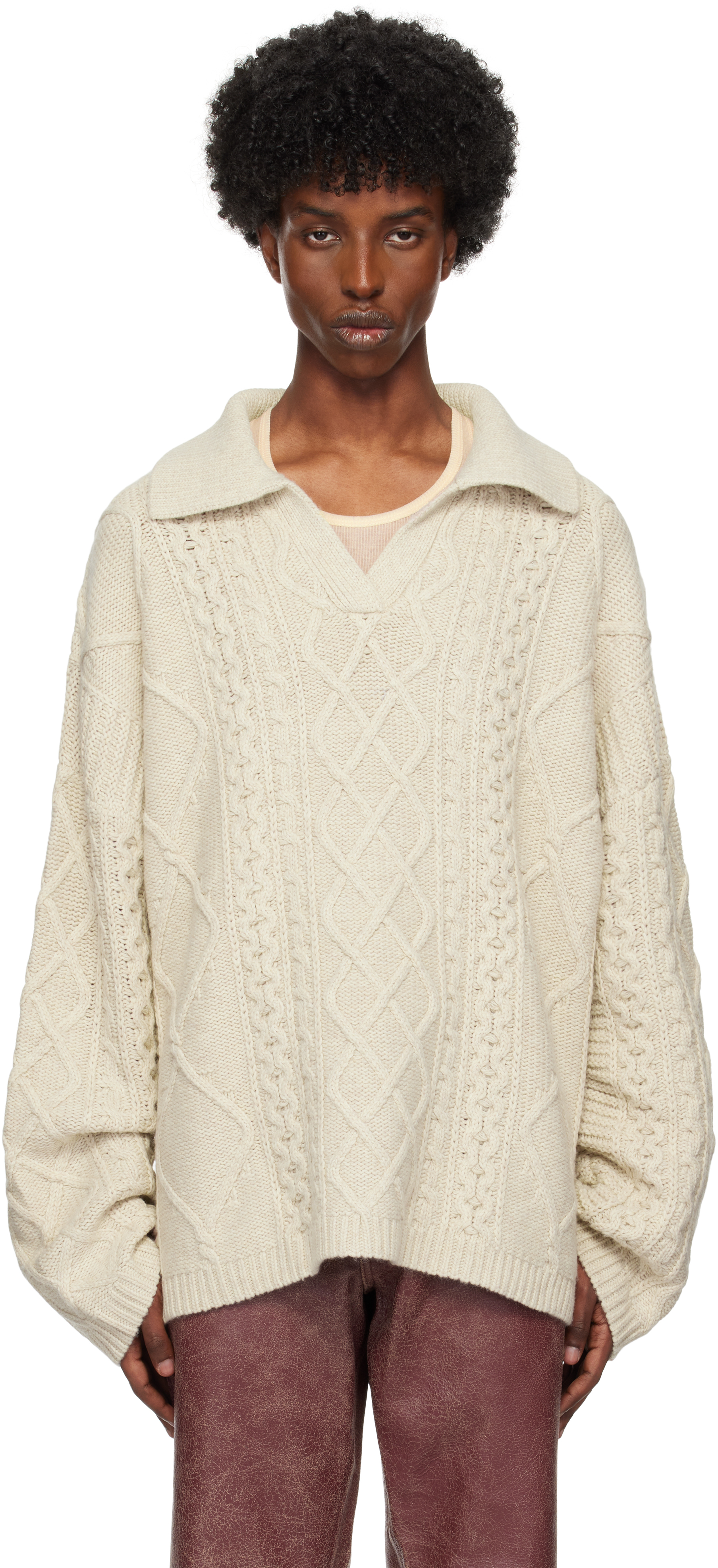 Shop Guess Usa Off-white Cable Sweater In Pearl White Multi