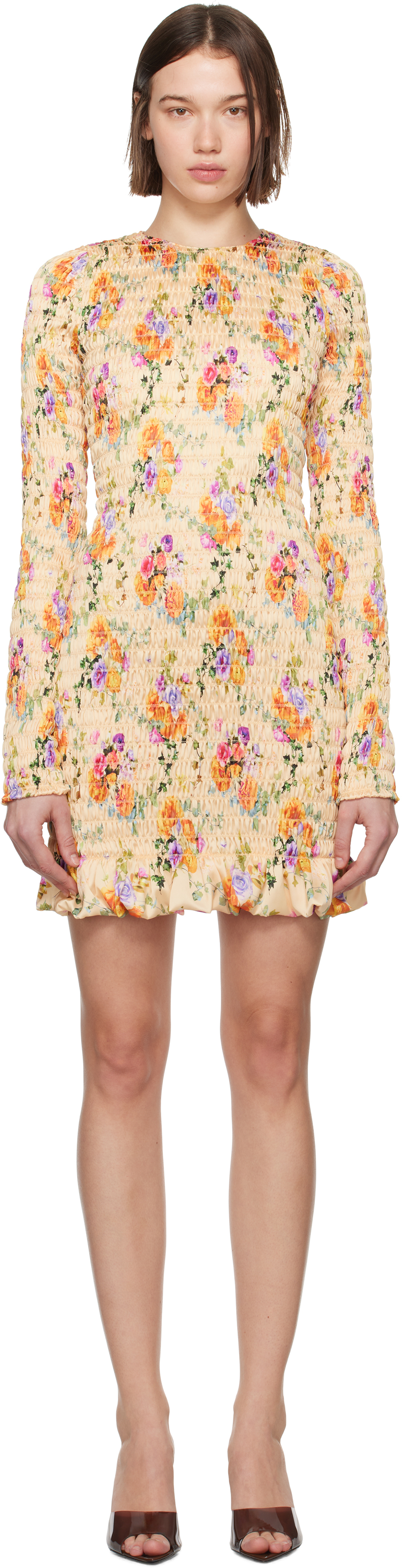 RABANNE YELLOW FLORAL SATIN MINIDRESS 