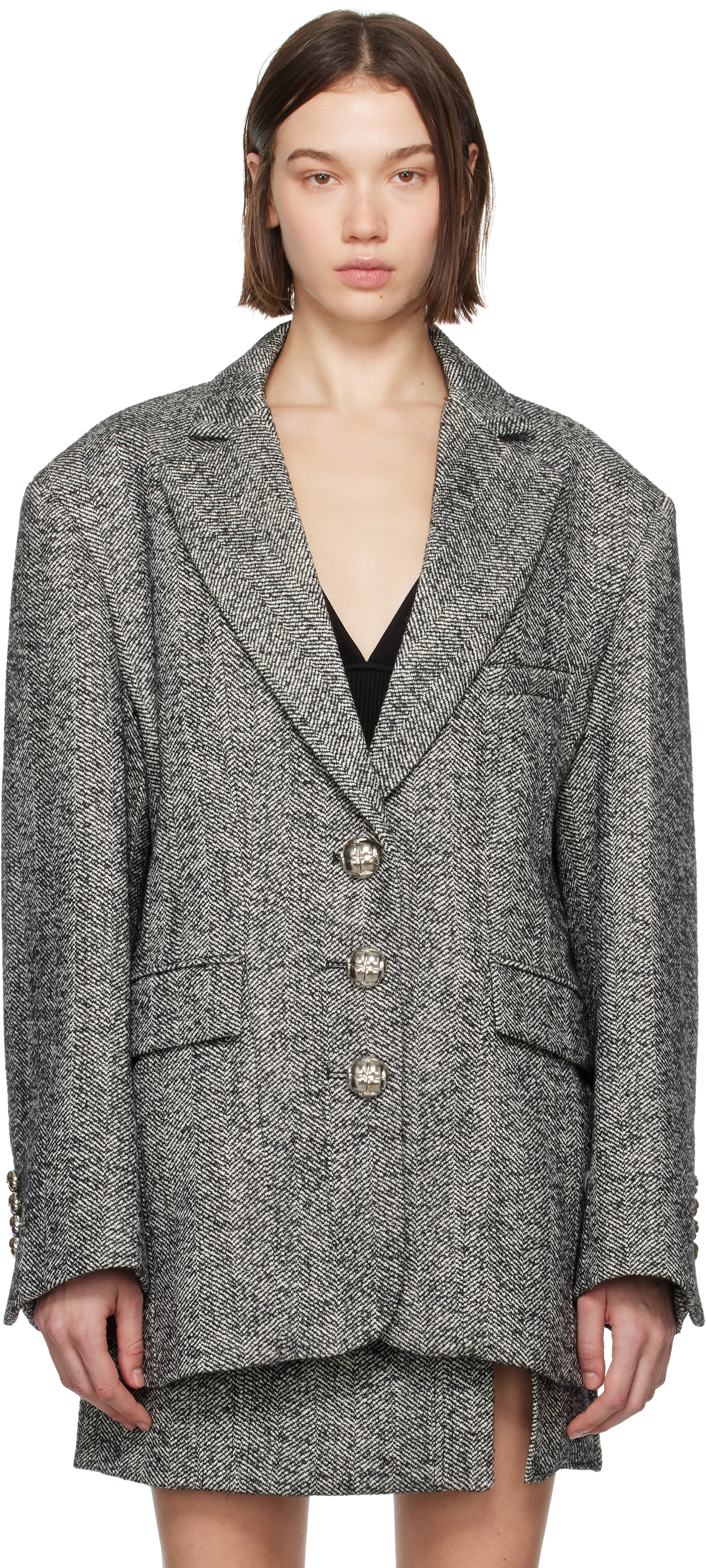 Rabanne Black & White Long Herringbone Wool Blazer In V181 Chevron/black