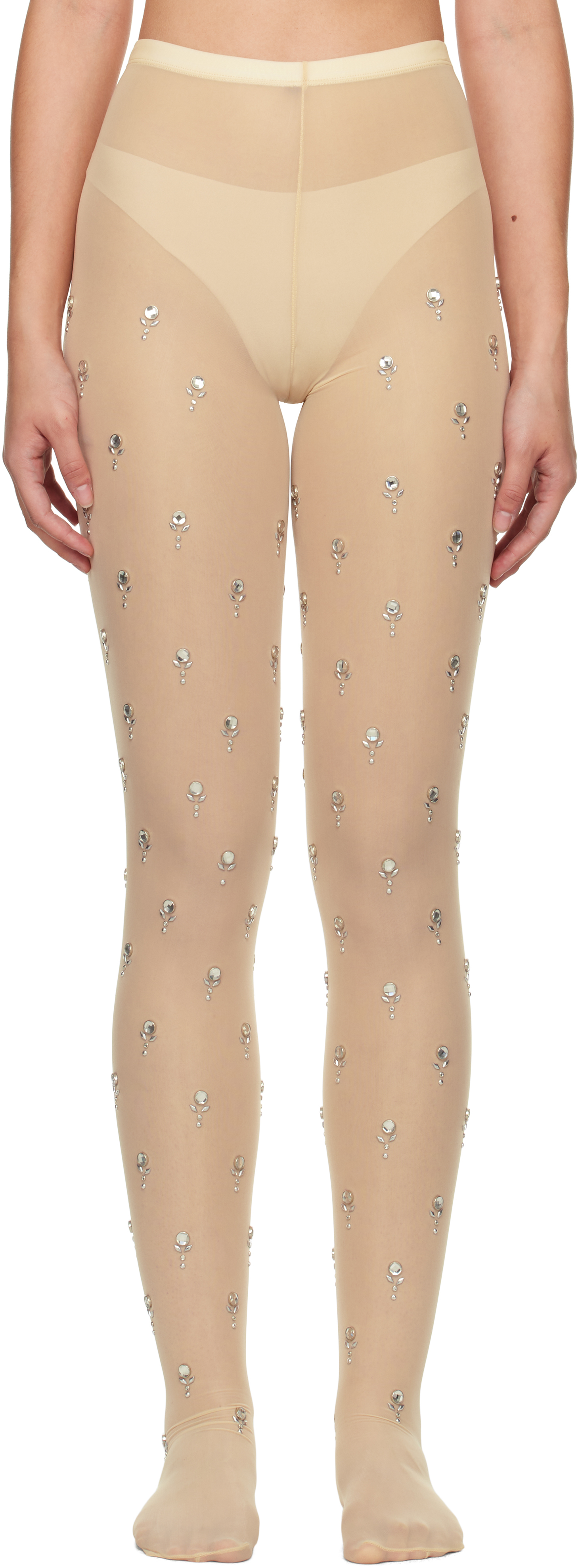 Beige Embroidered Jersey Leggings