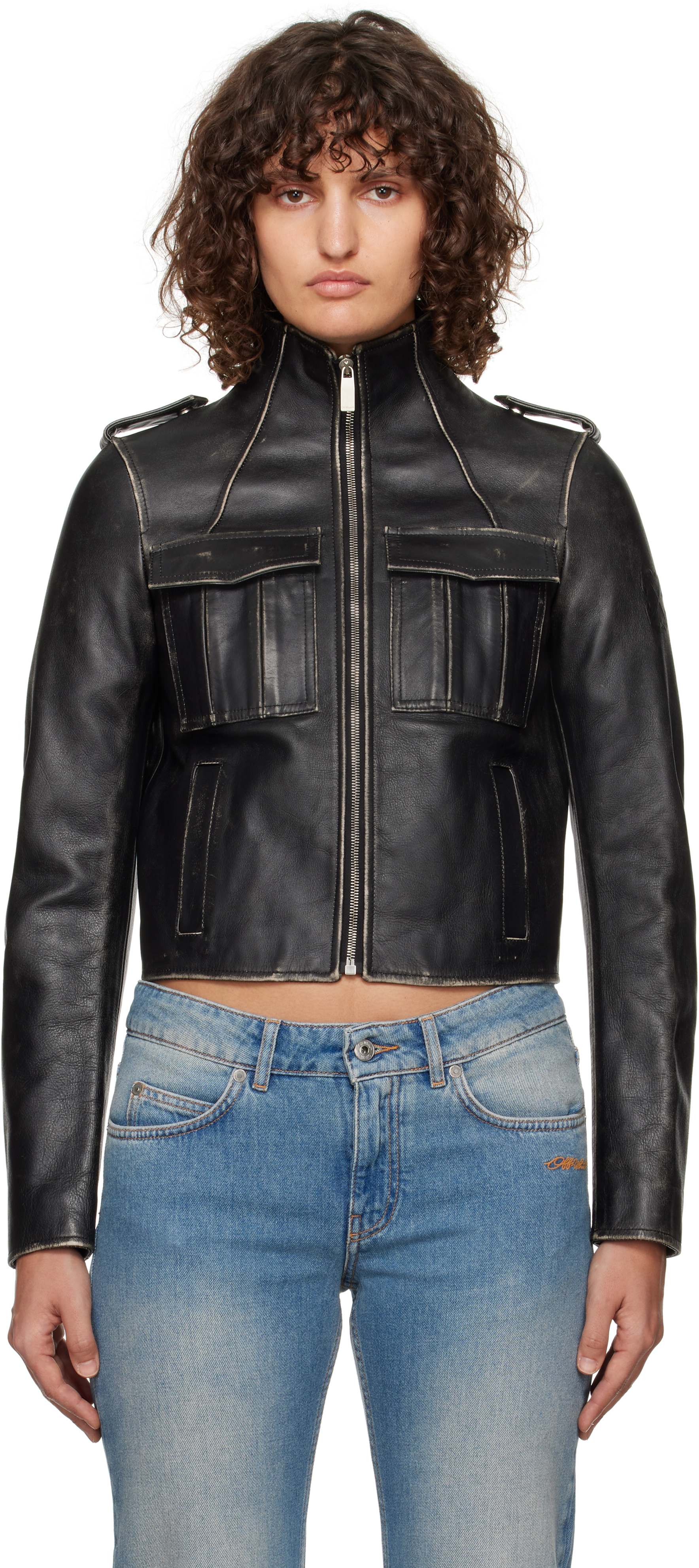 Black Vintage Lea Biker Leather Jacket by Off-White on Sale