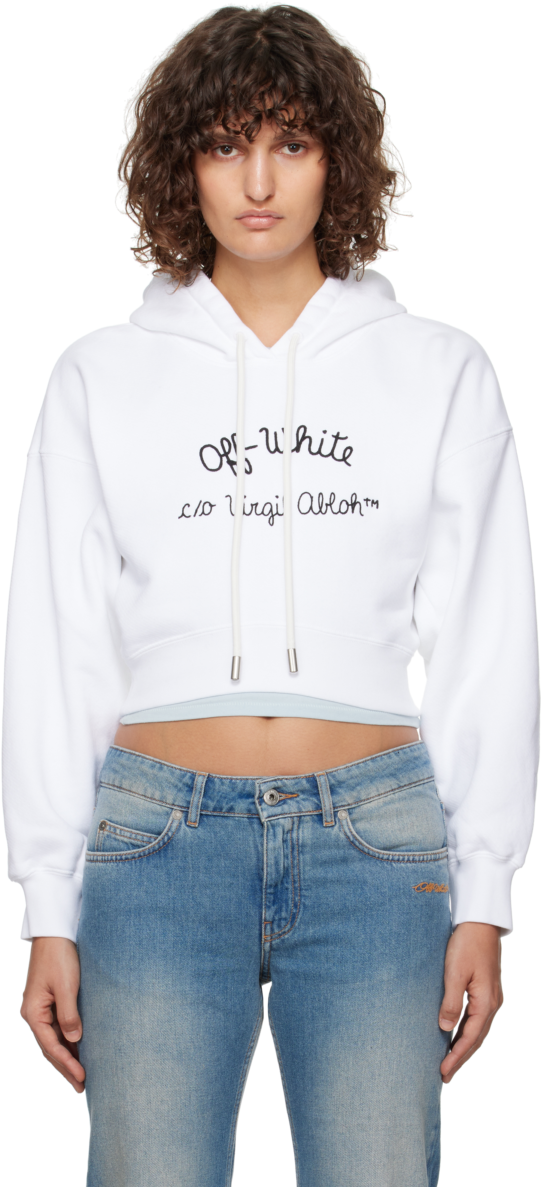 White Embr Script Type Crop Hoodie