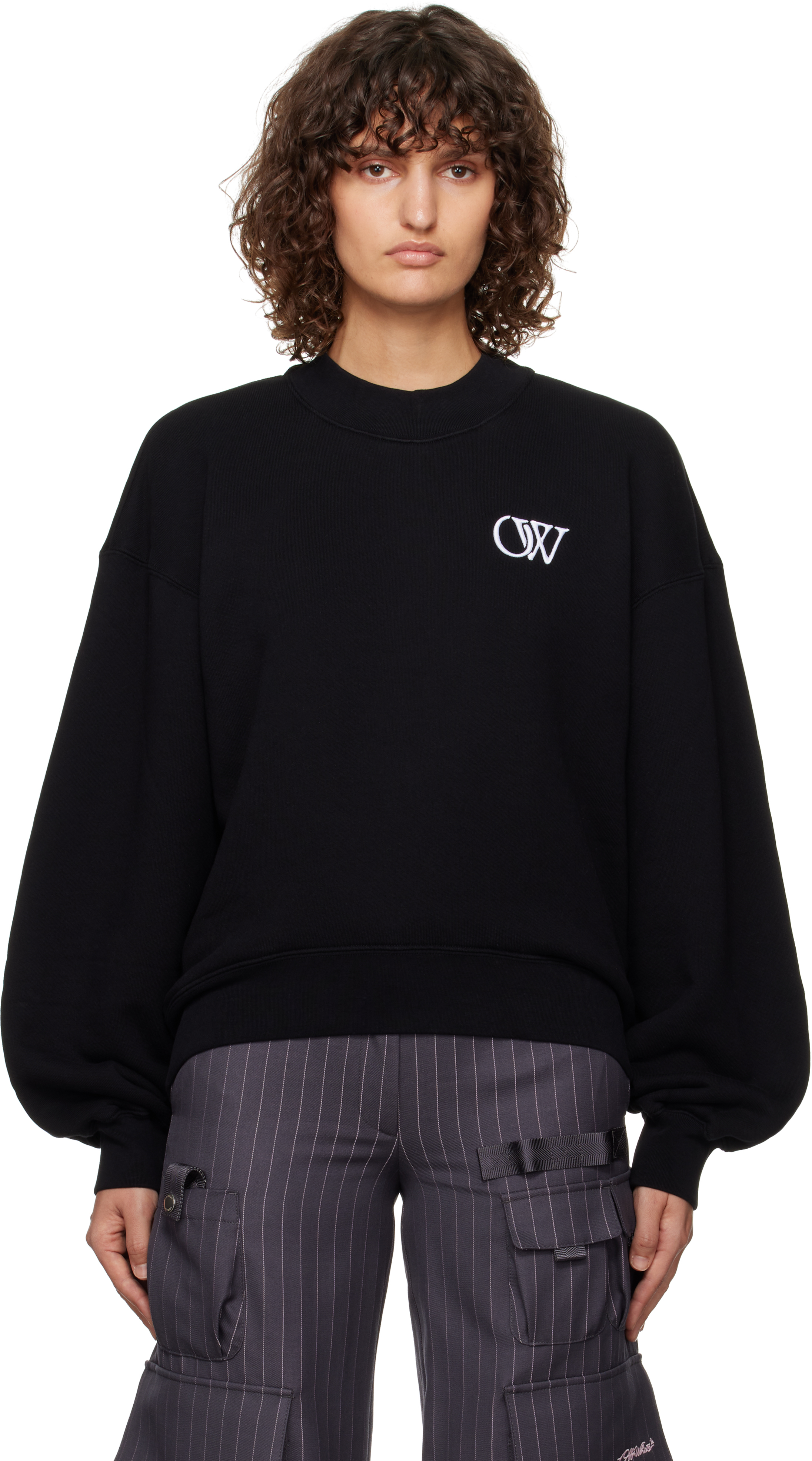 Off-white Black Embr 'ow' Over Crewneck Sweatshirt In Black White