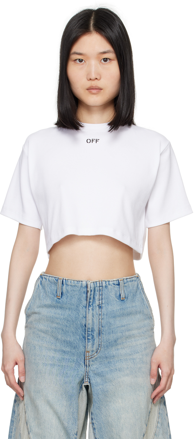 Shop Off-white White Off Stamp Rib Cropped T-shirt In White Black