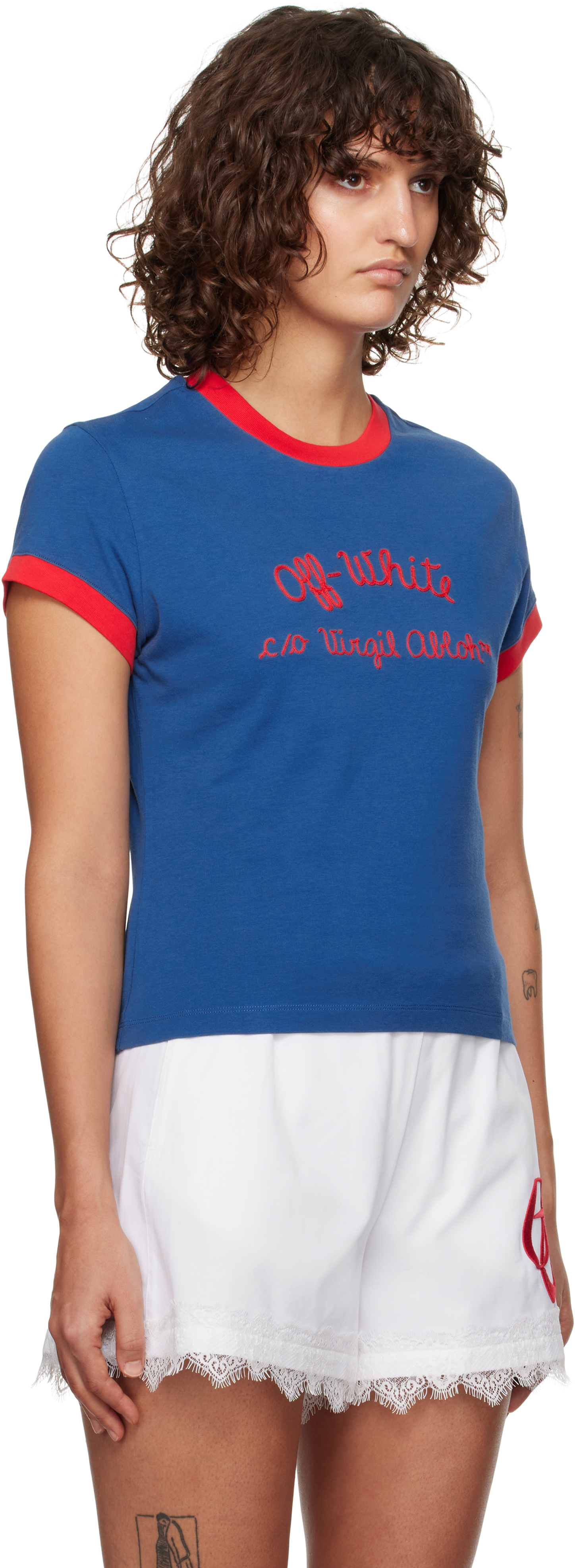 OFF-WHITE BLUE EMBR SCRIPT TYPE FITTED T-SHIRT