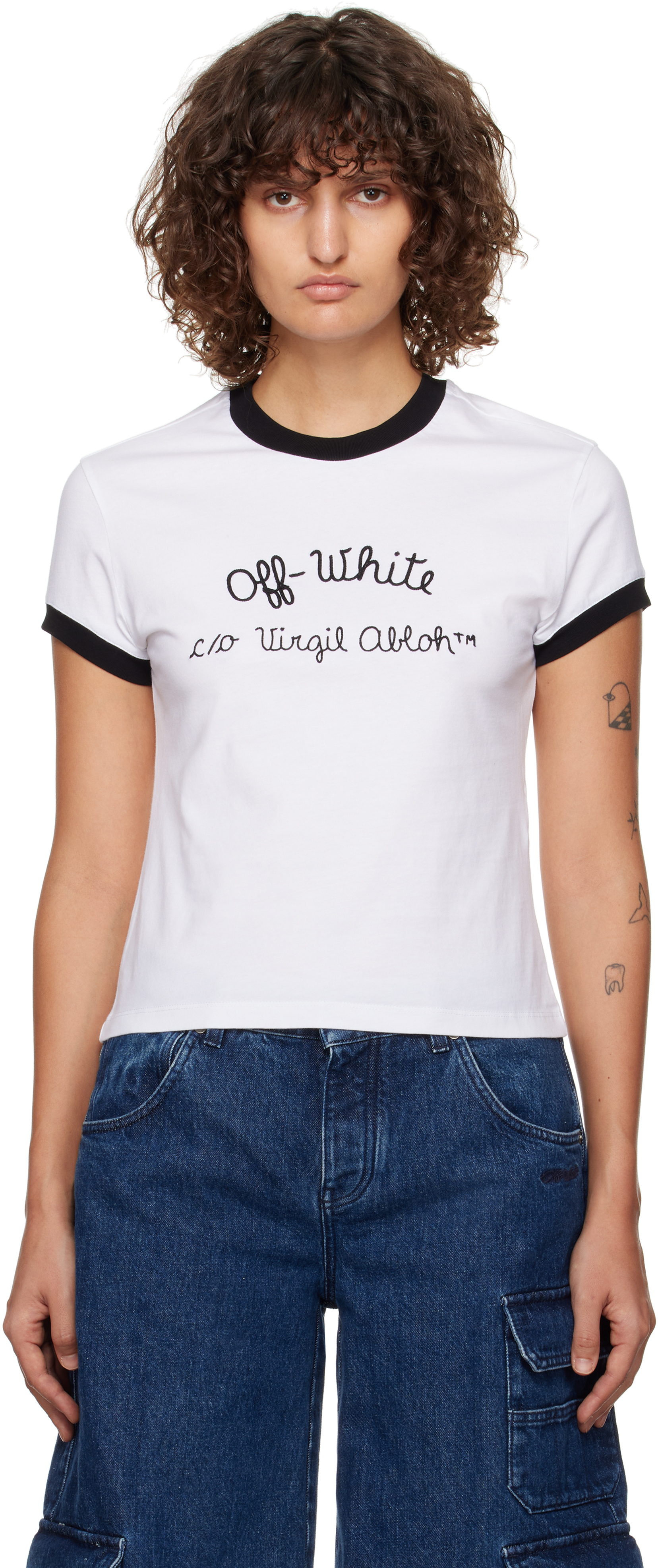 White Embr Script Type Fitted T-shirt