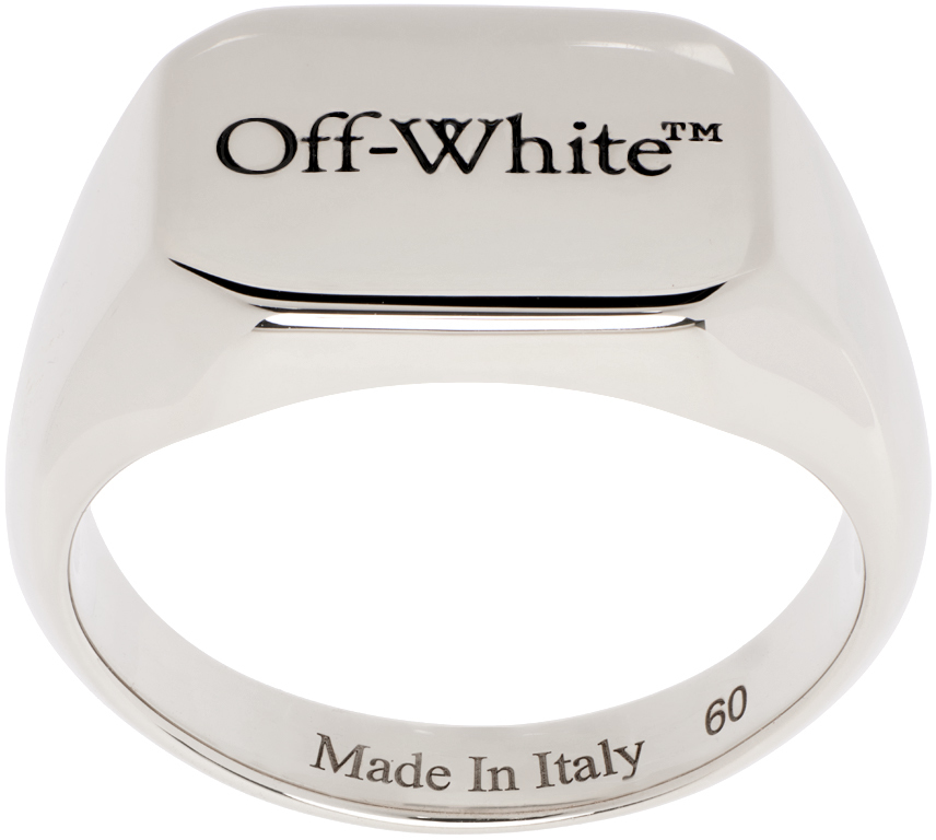 Shop Off-white Silver Rectangular Logo Ring In Silver - Black