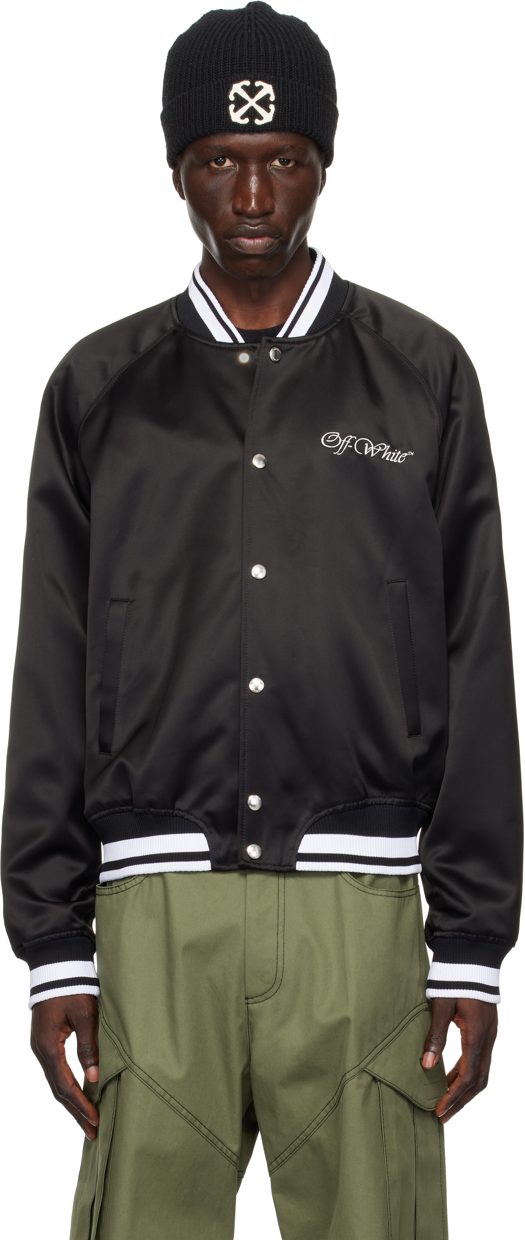 Off-white Black College Satin Bomber Jacket In Black - Whit