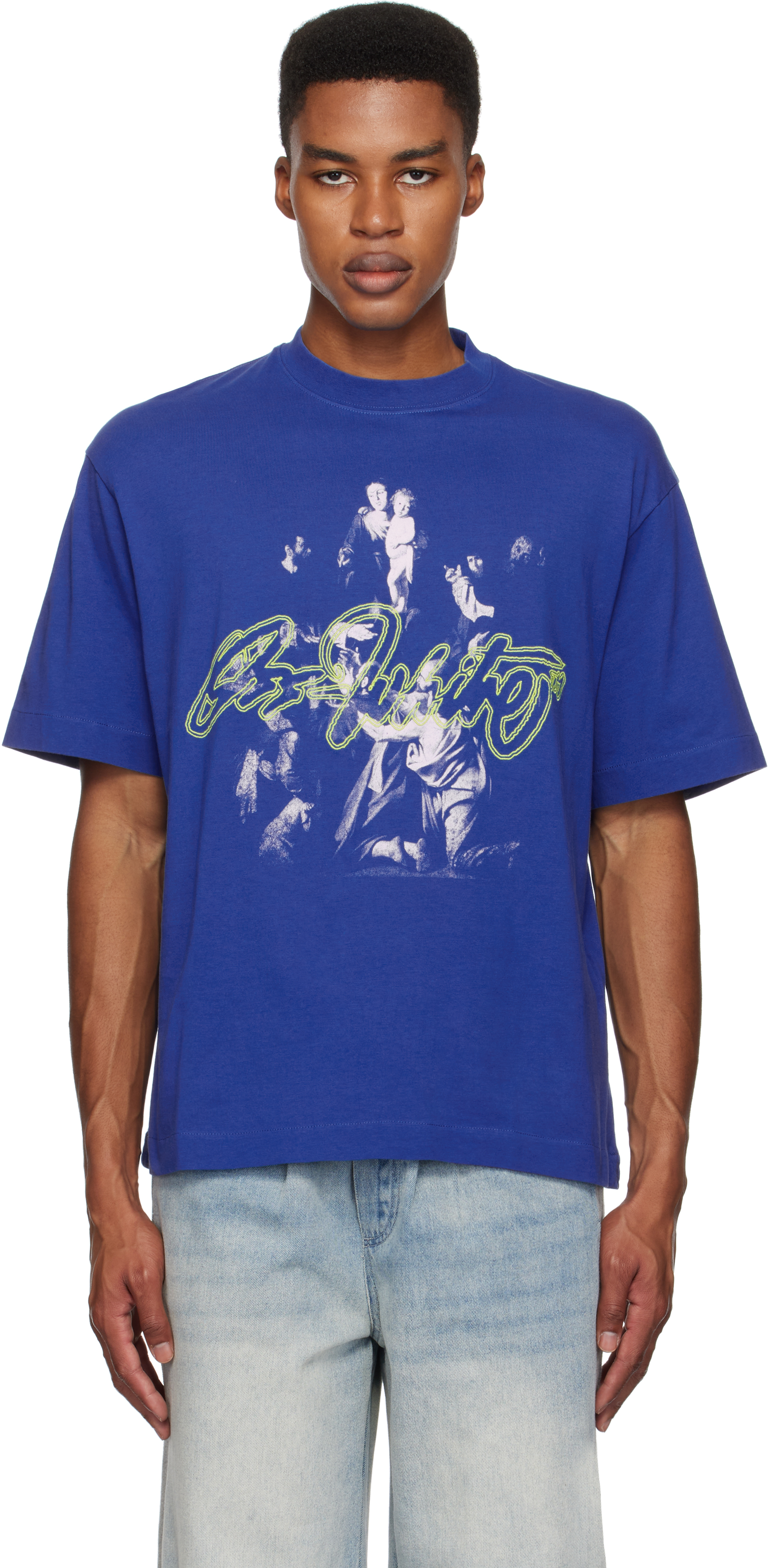【関税込み】Off-White ブルー Script Mary Skate Tシャツ Blue Script Mary Skate T-shirt by Off-White on Sale