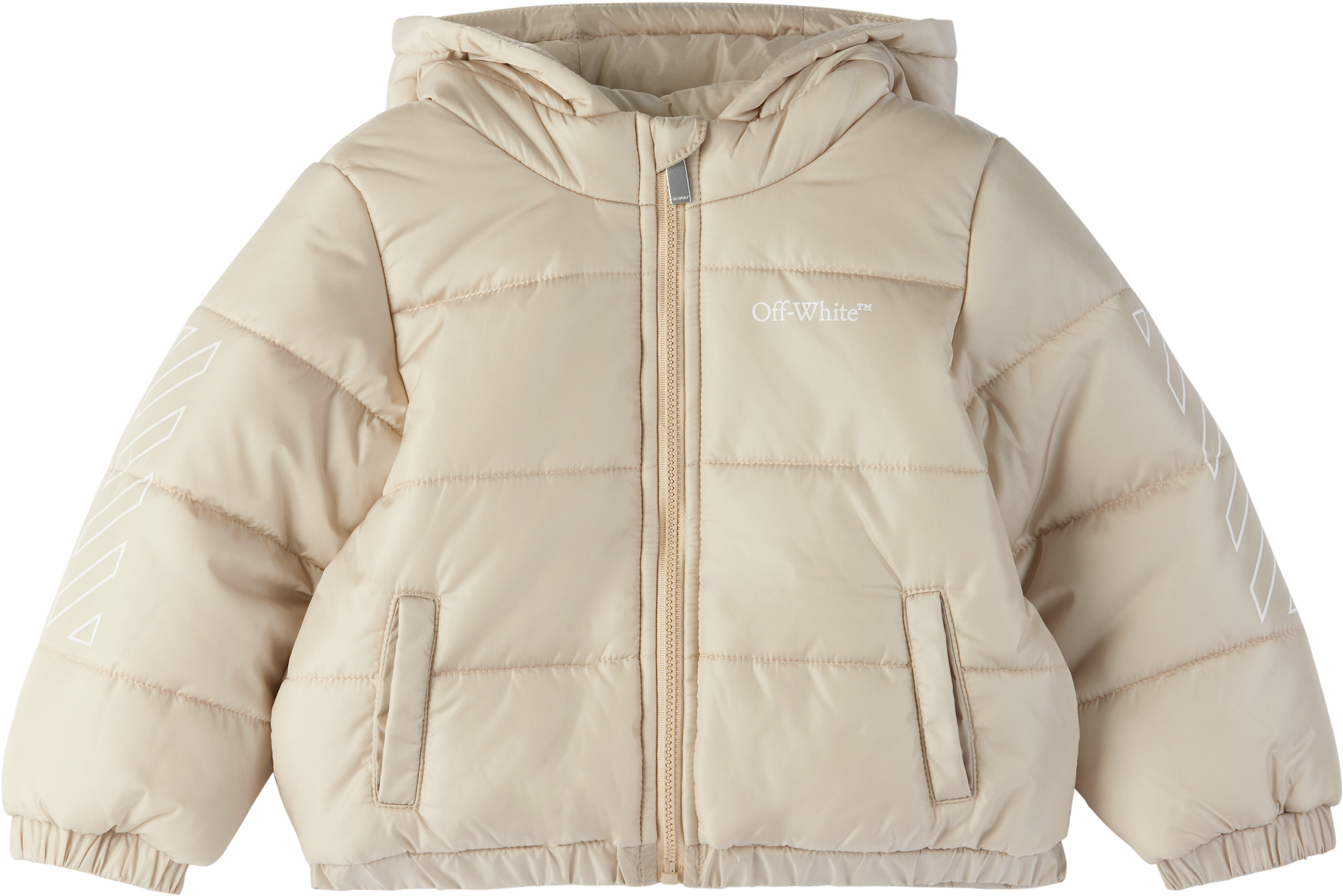 Off-white Baby Beige Bookish Diag Short Puffer Jacket In Sand - White