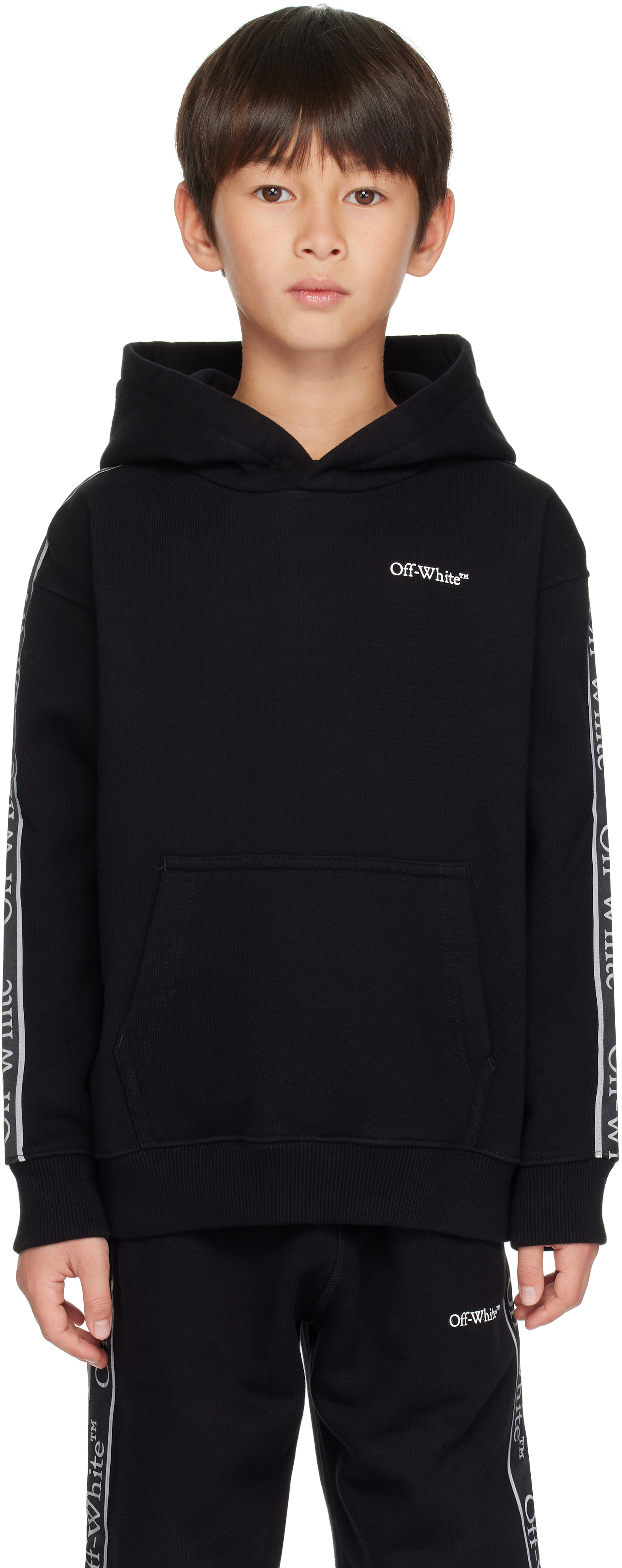 Off-white Kids Black Bookish Logo Band Hoodie In Black - White