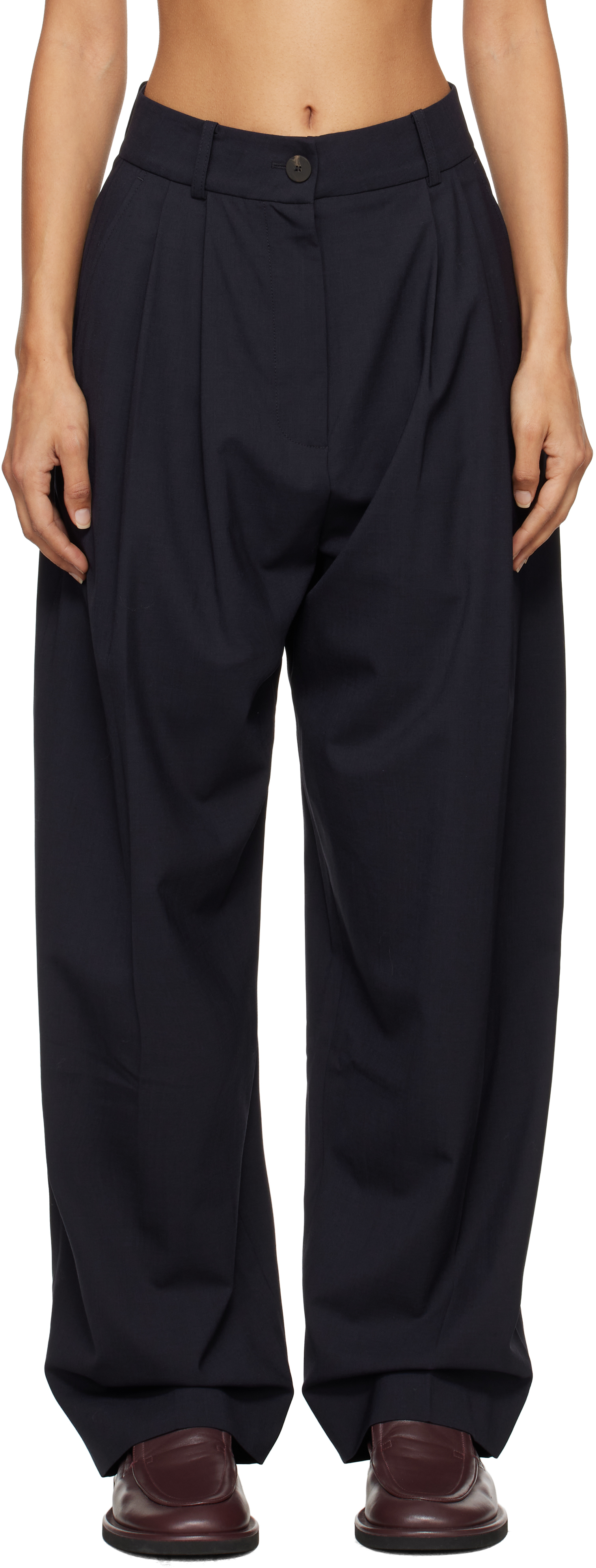 Shop Studio Nicholson Ssense Exclusive Navy Double Pleat Front Trousers In Darkest Navy