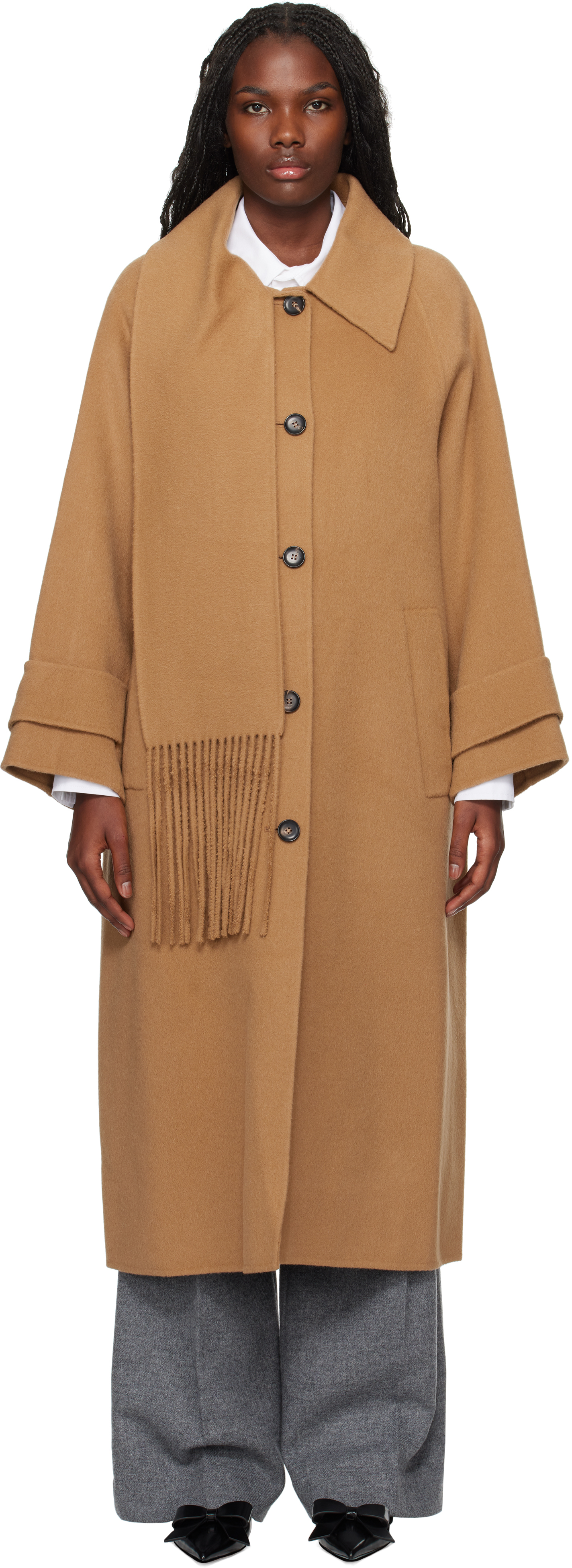 Tan Alpaca Fringe Scarf Long Coat by KIMH KIM on Sale