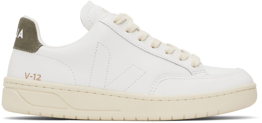 Veja White & Khaki V-12 Stitch Leather Sneakers In Xtra Wht Khaki