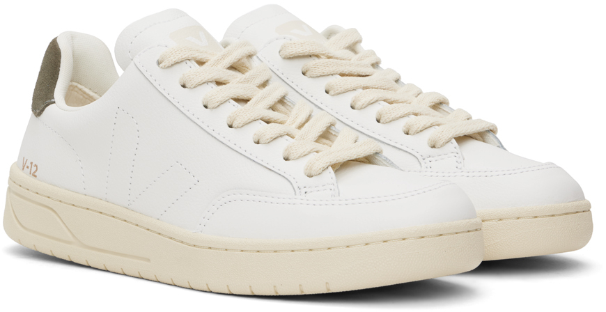 Veja White & Khaki V-12 Stitch Leather Sneakers In Xtra Wht Khaki