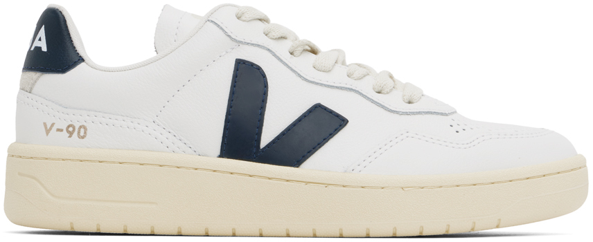 VEJA WHITE & NAVY V-90 LEATHER SNEAKERS
